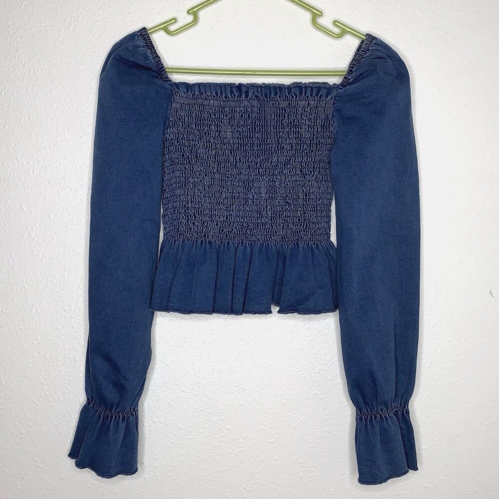 MEBON Smock Denim PEPLUM CROP TOP M Milkmaid Peasant Cowgirl Western Cottagecore